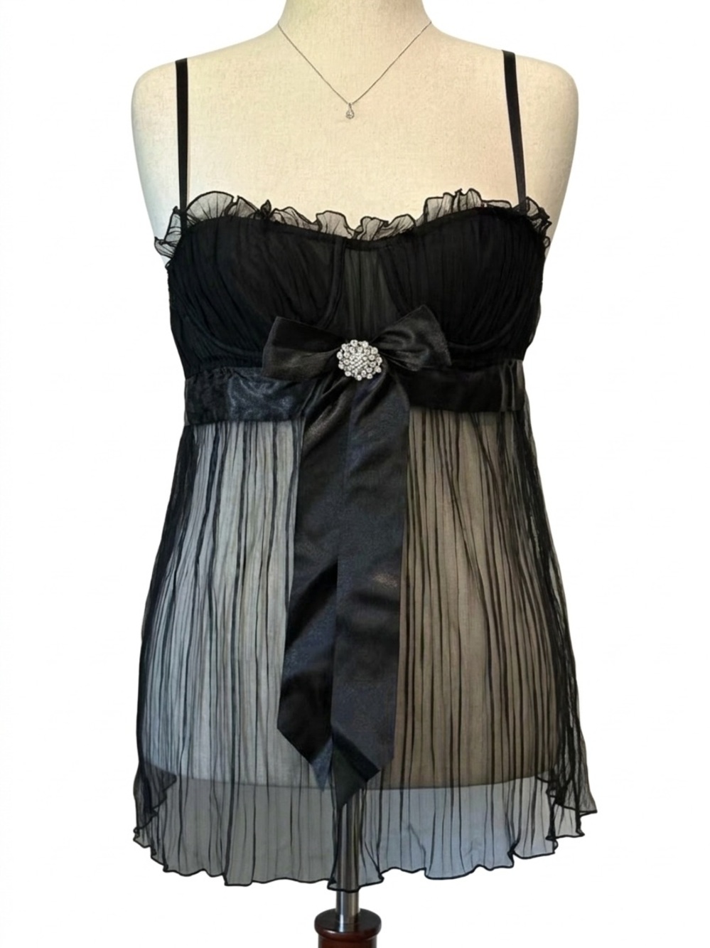 VTG 2003 Victoria's Secret Black Pleated Mesh Babydoll Lingerie Top Size M